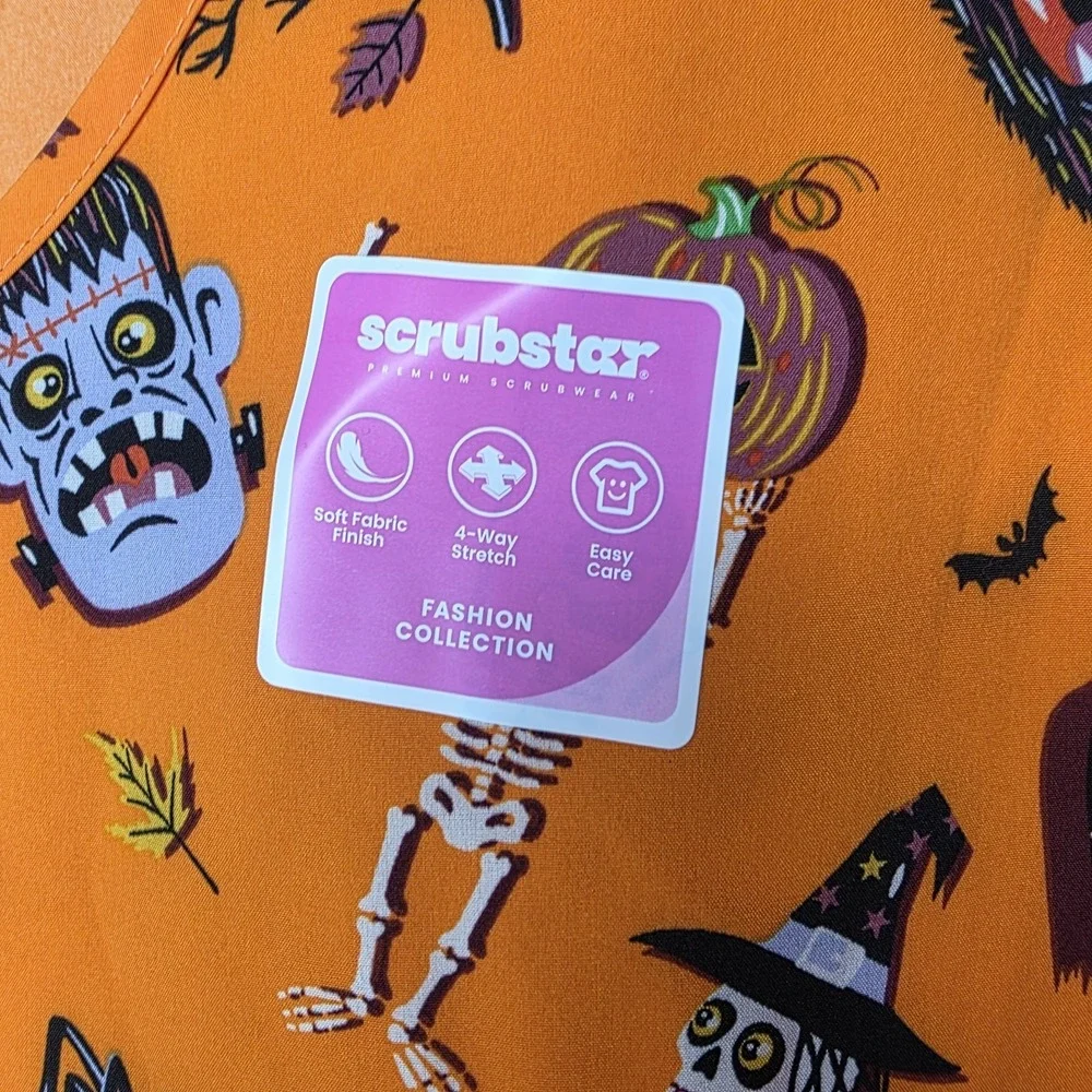 New Scrubstar Women's 2XL Orange‎ Halloween Short Sleeve V Neck Scrub Top
